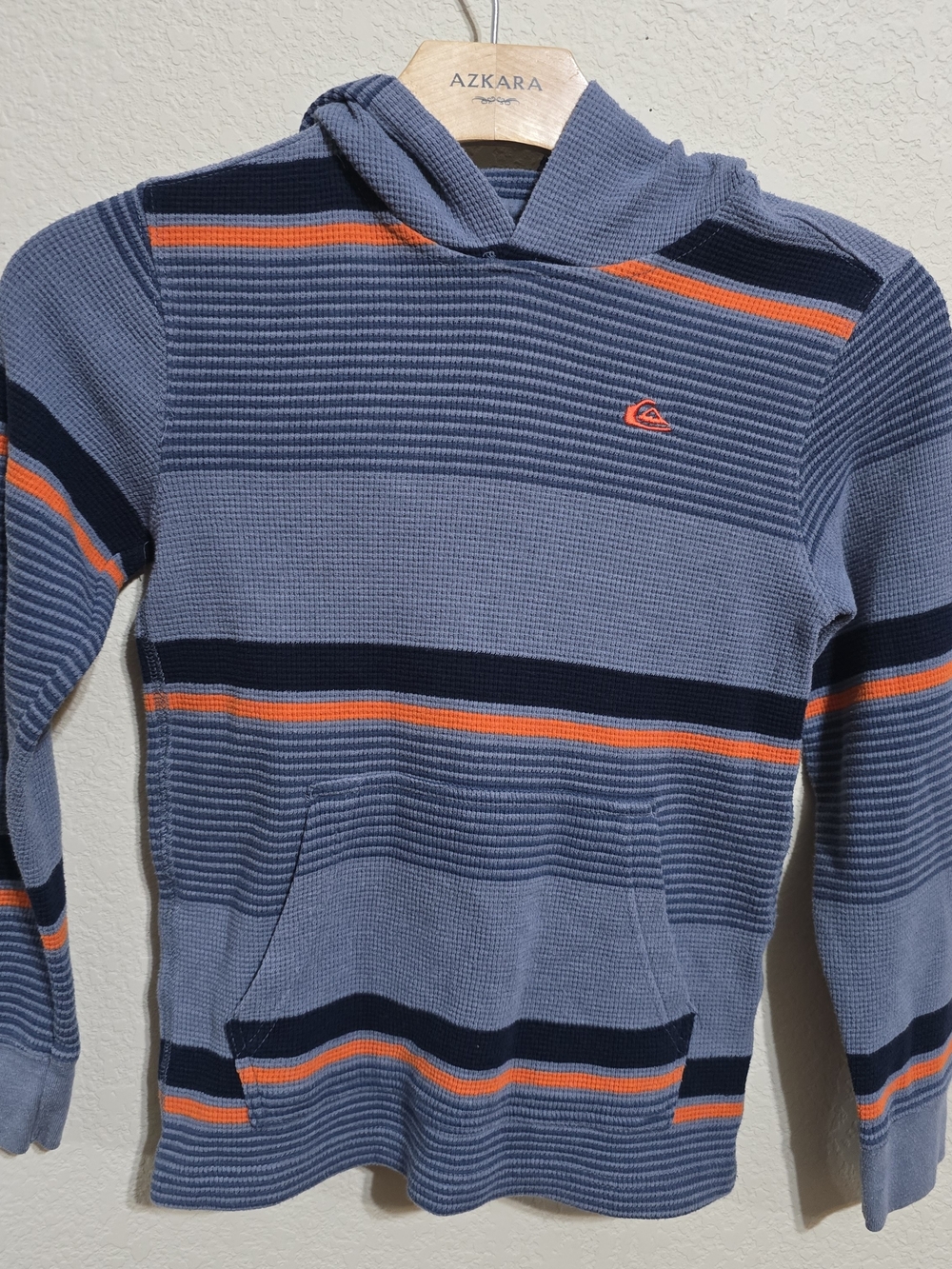 Quiksilver Light Blue Hooded Knit Pullover with Orange & Navy Stripes